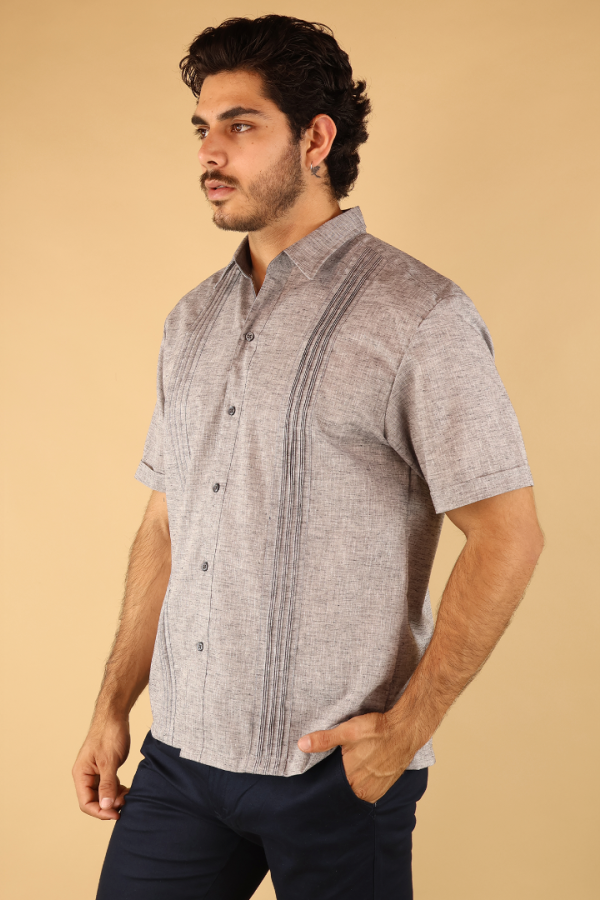 Camisa Guayabera Manga Corta Negro Jaspe Hombre Con Alforzas Tradicional